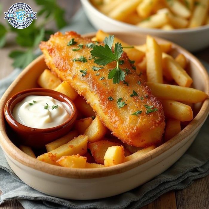 Crispy Fish & Chips Served on a Wooden Plate at Fountain Park Fry Edinburgh 